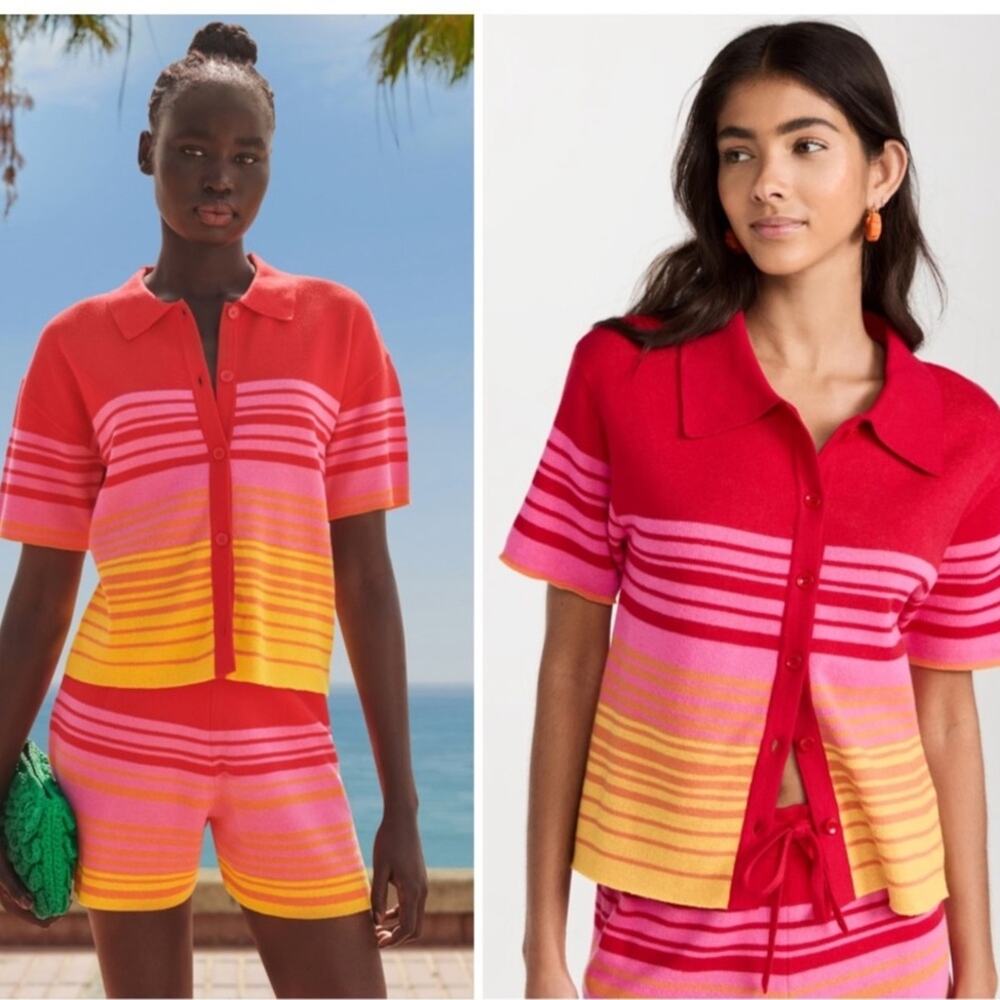 Monrow pink red Sunset Vacation button front top S Like New $168